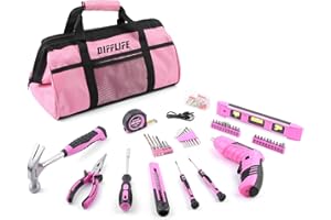 DIFFLIFE Pink Tool Set for Women, 126-Piece Lady's Power Screwdriver Cordless Rechargeable Set Home Repairing Tool Set with 13-Inch Wide Mouth Open Storage 126PCS 3.6V Electric Screwdriver Tool Bag