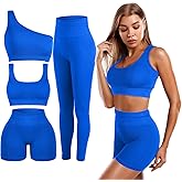 Floraltop 4 Pcs Women's Workout Sets Pilates Exercise Outfit Ribbed Scoop Neck Sports Bra Shorts Leggings Gym Clothes Set