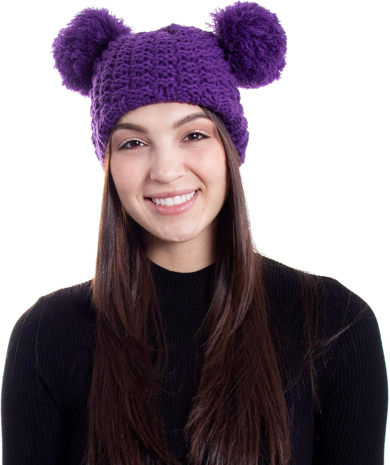 Winter Chunky Knit Beanie For Women With Double Pom Pom Ears Purple At Amazon Women S Clothing Store