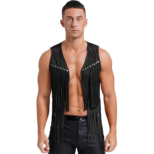 Jugaoge Men Fringe Vest Studded Detail Open Front 70s Hippie