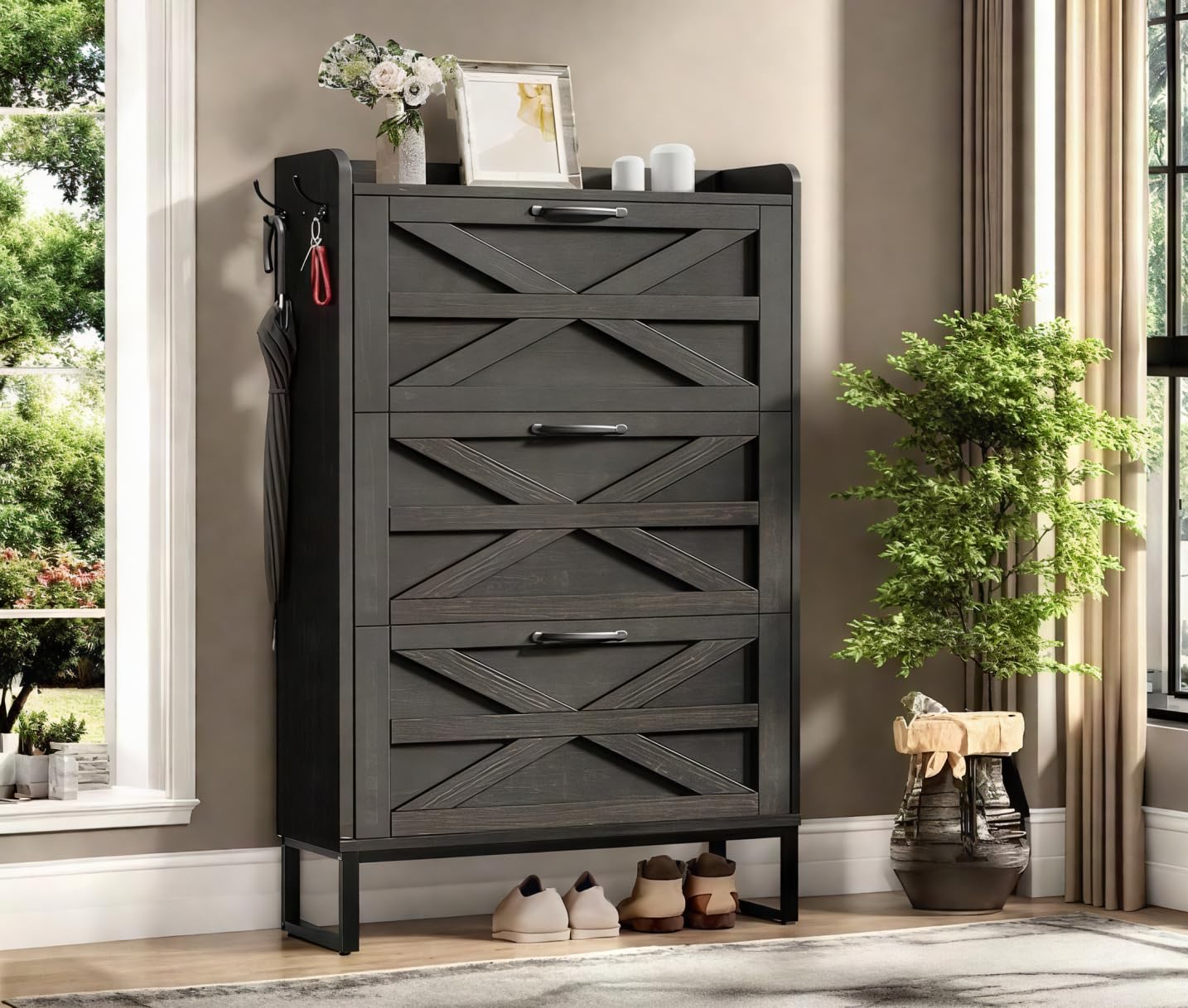 Photo 1 of DWVO Farmhouse Shoe Storage Cabinet with 3 Flip Drawers, Slim Shoe Cabinet for Up to 24 Pairs, Narrow Shoe Rack for Entryway, Living Room, Hallway (Dark Rustic Oak)