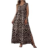 OYOANGLE Women's Leopard Print Sleeveless V Neck Maxi Dress Cheetah High Slit Ruffle Flowy Tank Dresses
