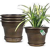 Plant Planters Pots Set of 4 Pack 10 Inch, Plastic Flower Pot For Indoor Plants With Drainage Holes & Trays, Resin Decorative Container Sets With Saucer For House Outdoor Garden Planters Dark Gold