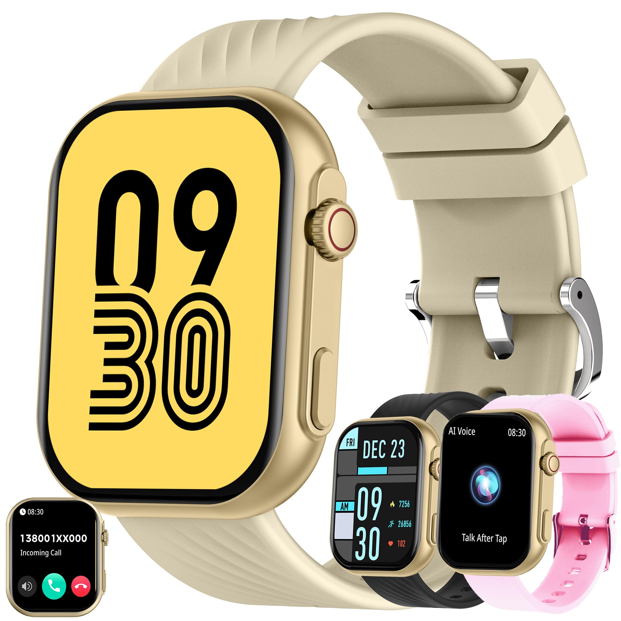 Smartwatch Women with Call/Bluetooth Dialing, 2.0" Smart Watch 123 Sport Mode, Sleep Monitor Menstruation Tracking, Calorie Pedometer Stopwatch Smart Activity Bracelet for Android iOS (Gold)