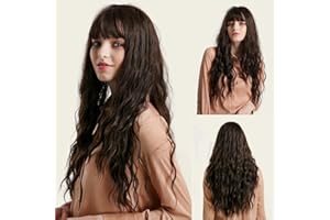 Netgo Brown Wigs, Long Brown Wig with Bangs, Long Curly Wavy Hair Wigs for Women, Heat Resistant Fiber Synthetic Daily Party Cosplay Wigs for Girl