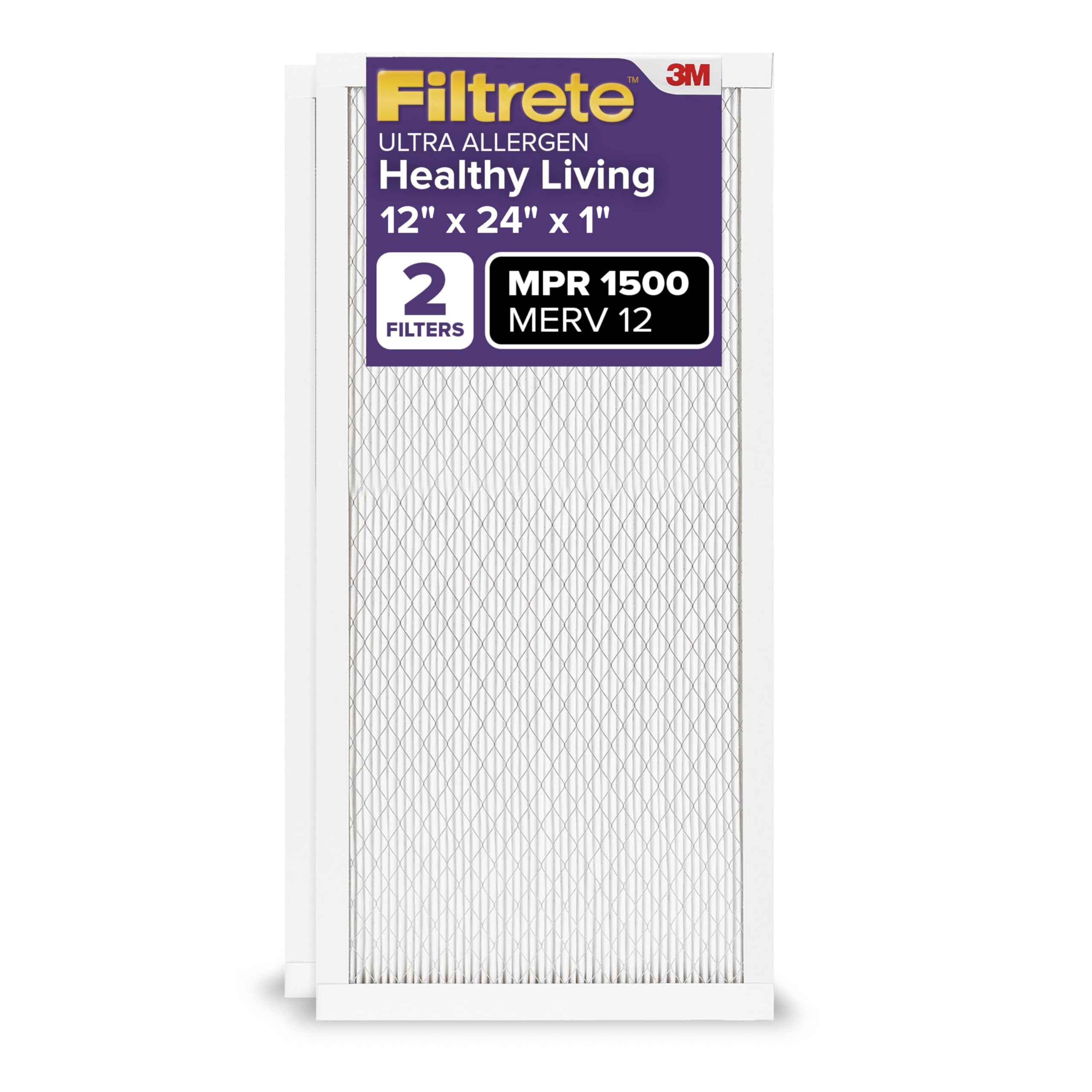 Filtrete 12x24x1 AC Furnace Air Filter, MERV 12, MPR 1500, CERTIFIED asthma & allergy friendly, 3 Month Pleated 1-Inch Electrostatic Air Cleaning Filter, 2-Pack (Actual Size 11.69x23.69x0.78 in)
