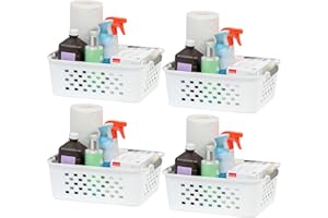 IRIS USA Plastic Basket, 4-Pack, Medium, Shelves Storage Basket for Organizing Pantry, Office, Craft Room, Cabinet, Bedroom, Closet, Laundry Room, White