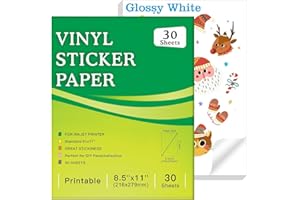 AEVDOR 30 Sheets Premium Printable Vinyl Sticker Paper for Inkjet Printer, Glossy White Waterproof, Dries Quickly, Vivid Colors, Tear Resistant, 8.5x11 Inkjet Vinyl Sticker Paper Great for Cutting Machines