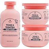 Nature Spell Tone & Tighten Body Care Gift Set for Women, Body Wash, Sugar Scrub and Cream with Hyaluronic Acid, Ginseng Extract and Plant Collagen, for All Skin Types, Vegan, Set of 3