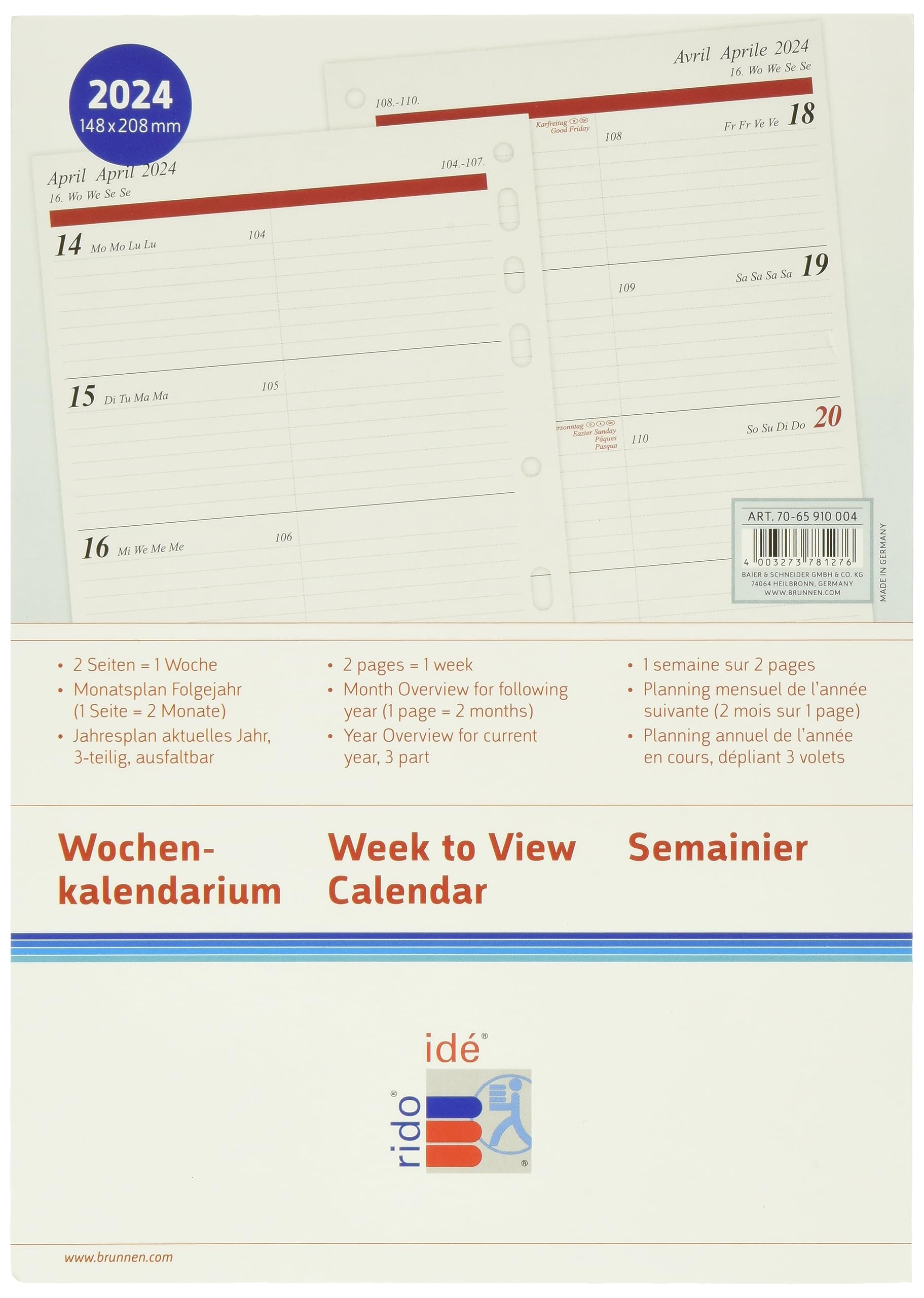rido/idé Weekly Calendar Timing 1 2024 2 Pages = 1 Week A5 White
