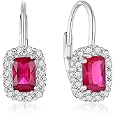 YIFSIY Rectangle Birthstone Earring for Women Cubic Zirconia Halo Drop Earrings, 925 Sterling Silver Emerald Cut Dainty Women's Jewelry Gift