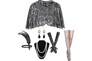 GOHOY 1920s Flapper Accessories Set, Roaring 20s Accessories Women Feather Headpiece Necklace Earrings Long Gloves,Silver Black