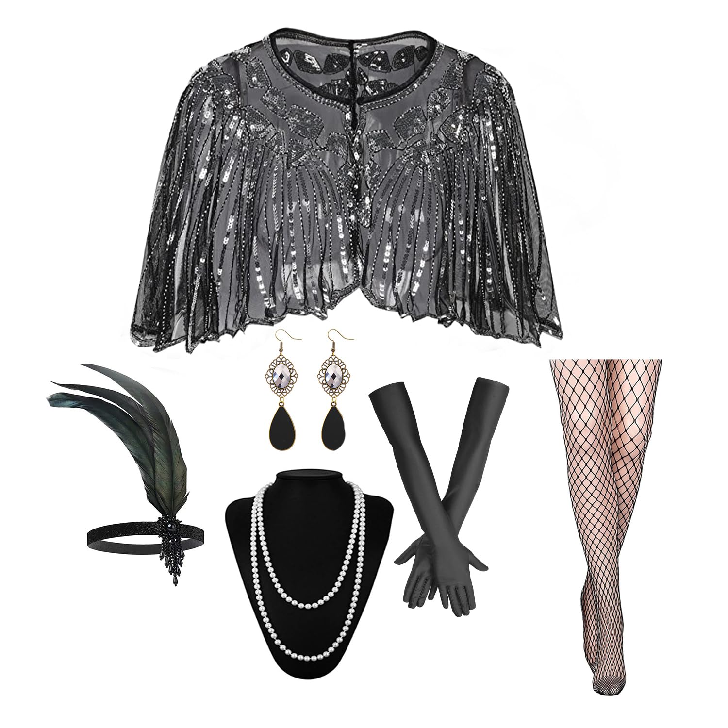 Photo 1 of 1920s Flapper Accessories Set, Roaring 20s Accessories Women Feather Headpiece Necklace Earrings Long Gloves,Silver Black
