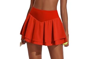 PINSPARK Womens Pleated Tennis Skirt Double Ruffle Golf Skort Tummy Control Athletic Skirts with 3 Pockets Workout Pickleball