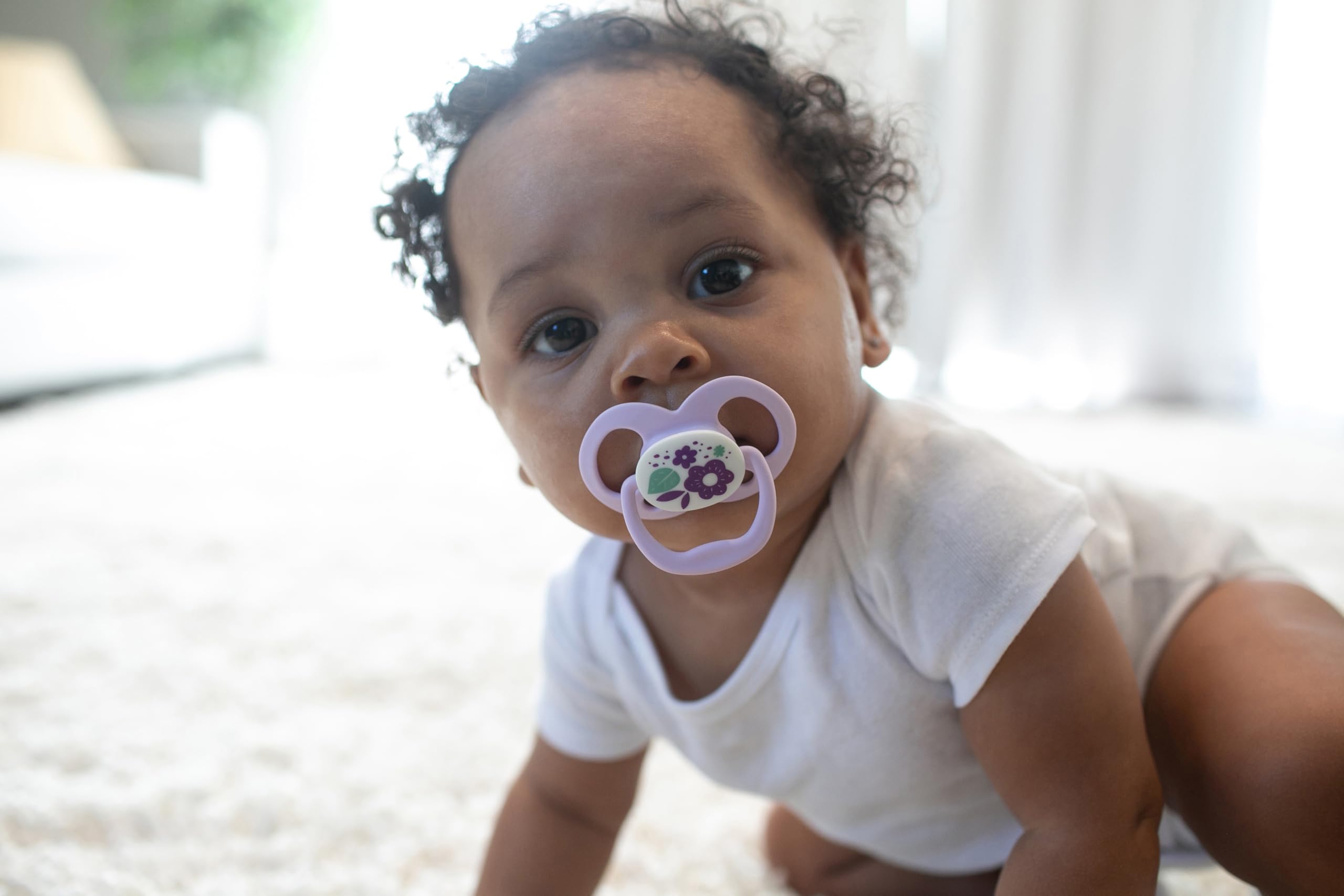 Dr. Brown's Advantage Glow-in-the-Dark Baby Pacifier, Fully Symmetrical Soother with Soft Silicone Bulb, Scooter Squirrel-Purple Nature, 6-18m, BPA Free, 4 Pack