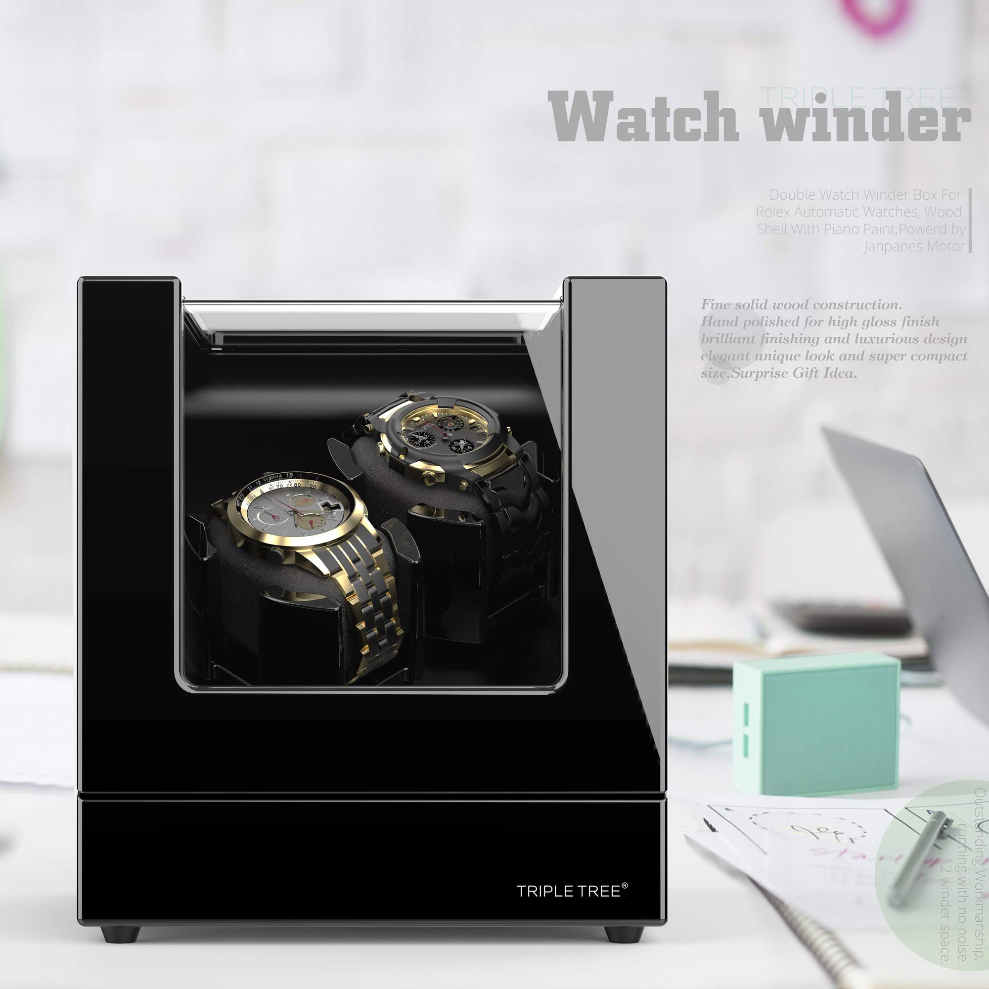 TRIPLE TREE Double Watch Winder for Automatic Watches, Automatic Watch Winder Box in Wood Shell Piano Finish, with Japanese Quiet Motor, Flexible PU-Leather Watch Pillows Hold for Women/Men's Watches