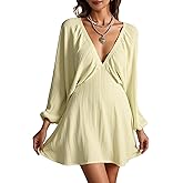 winkbay Women's Long Sleeve Mini Dress Elegant Deep V Neck Tie Back Flowy Going Out Dresses