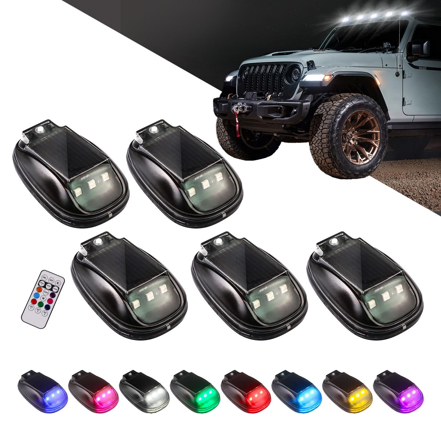Photo 1 of GSOWO 5PCS Wireless Solar Cab Lights for Truck, No Drill Type-C Charging Cab Roof Top Marker Lights, 8-Colors LED Marker Lights with Vibration Sensor for Pickup SUV Jeep ATV Off-road
