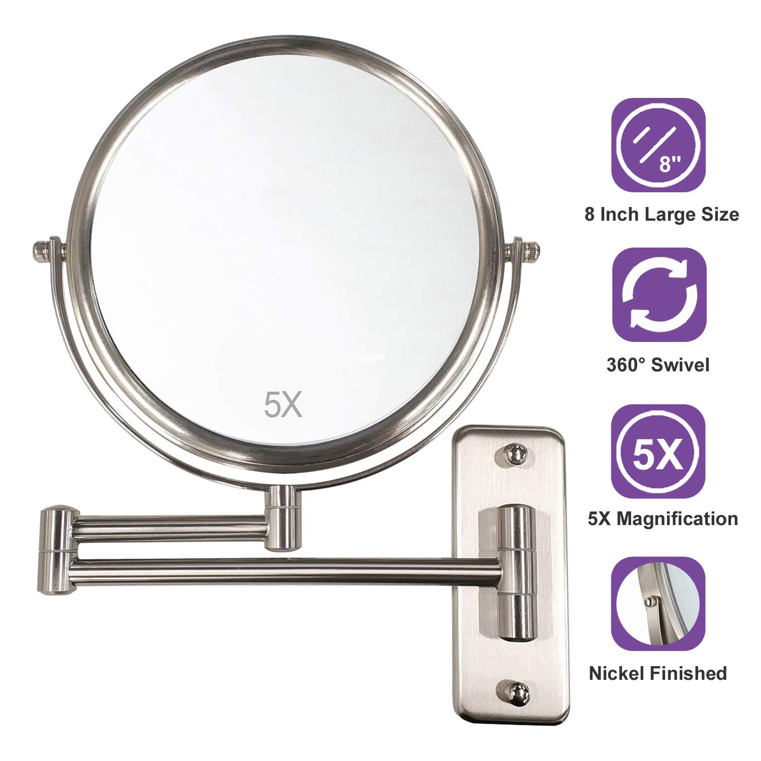 ALHAKIN Wall Mounted Makeup Mirror with 5X Magnification, 8 Inch Double Sided Vanity Magnifying Mirror for Bathroom, Nickel Finish