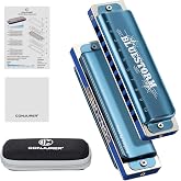 CONJURER Deluxe 10 Hole Pro Diatonic Blues Harmonica in C Key Blue | Stainless Steel Cover Phosphor Bronze Reeds Mouth Organ, Harmonicas for Pros Students Adults, Protective Storage Case Gifts
