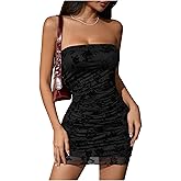 Milumia Women Sexy Floral Strapless Tube Top Dress Mesh Ruched Bodycon Party Club Date Night Mini Dress