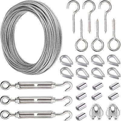 AMLOOPH 15m Garden Wire Kit Heavy Duty Stainless Steel Wire Rope Tensioner