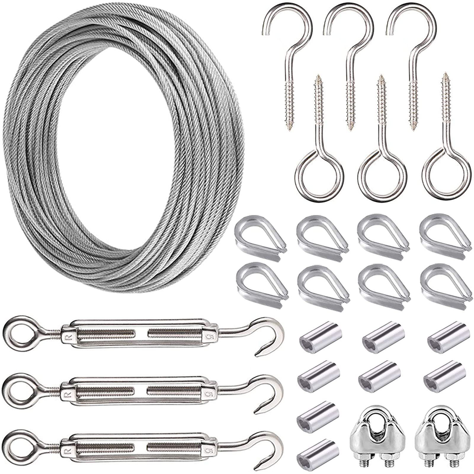 15m Garden Wire Pergola Kits, Heavy Duty Picture Hanging Wires Fencing, Stainless Steel Cable Railing Metal Clamps Sleeves Hooks Turnbuckle Wire Tensioner Trellis For Climbing Plants(28pcs)