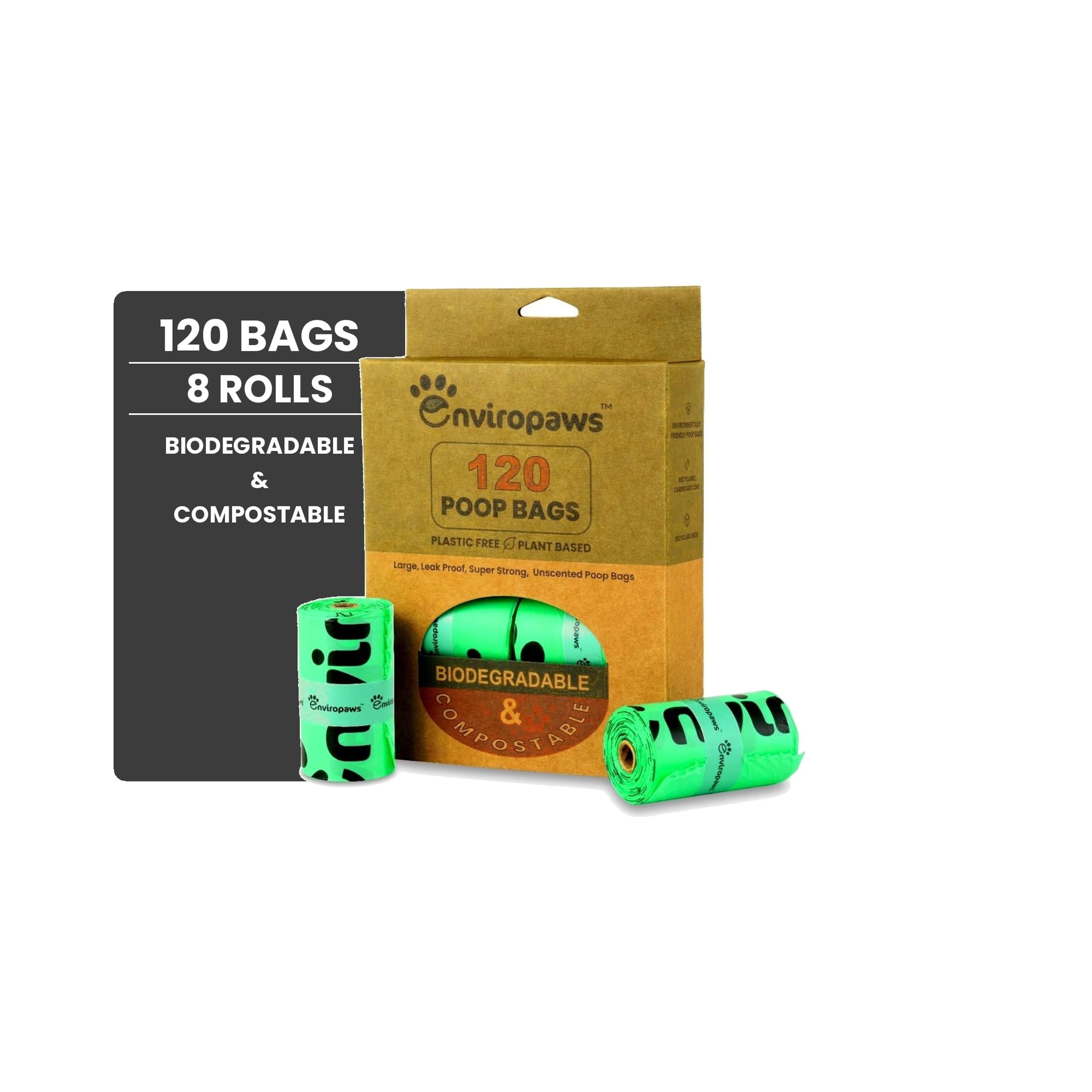 Enviropaws Biodegradable & Compostable Cat Poop Bags - 120 Dog & Cat Litter Bags (8 Rolls of 15 Bags) for Cat Waste - Leak Proof; Super Strong; Unscented; Extra Thick & Large Dog Poop Bags