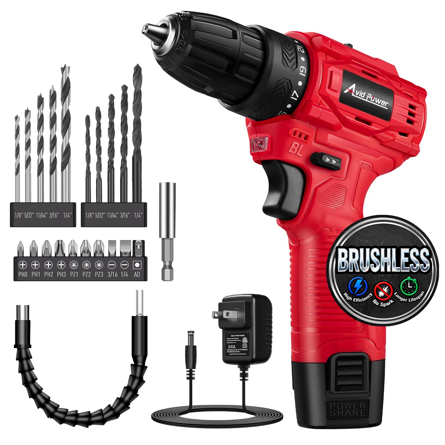 AVID POWER Brushless Power Drill Set, 2-Speed Control, 3/8-Inch Keyless Chuck & 25+1 Position, 12V Electric Drill Cordless Driver Kit with 2000mAh Battery, Charger and 22pcs Accessories Image
