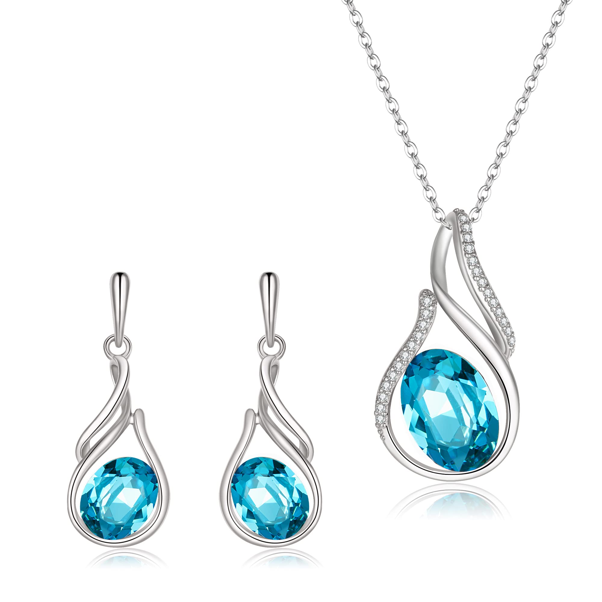 Clearine Austrian Crystal Flower Bud Teardrop Rhinestone Pendant Necklace Earrings Set Wedding/Birthday/Valentines Day/Christmas/Mothers Day Jewellery Gift for Women Light Blue Silver Tone