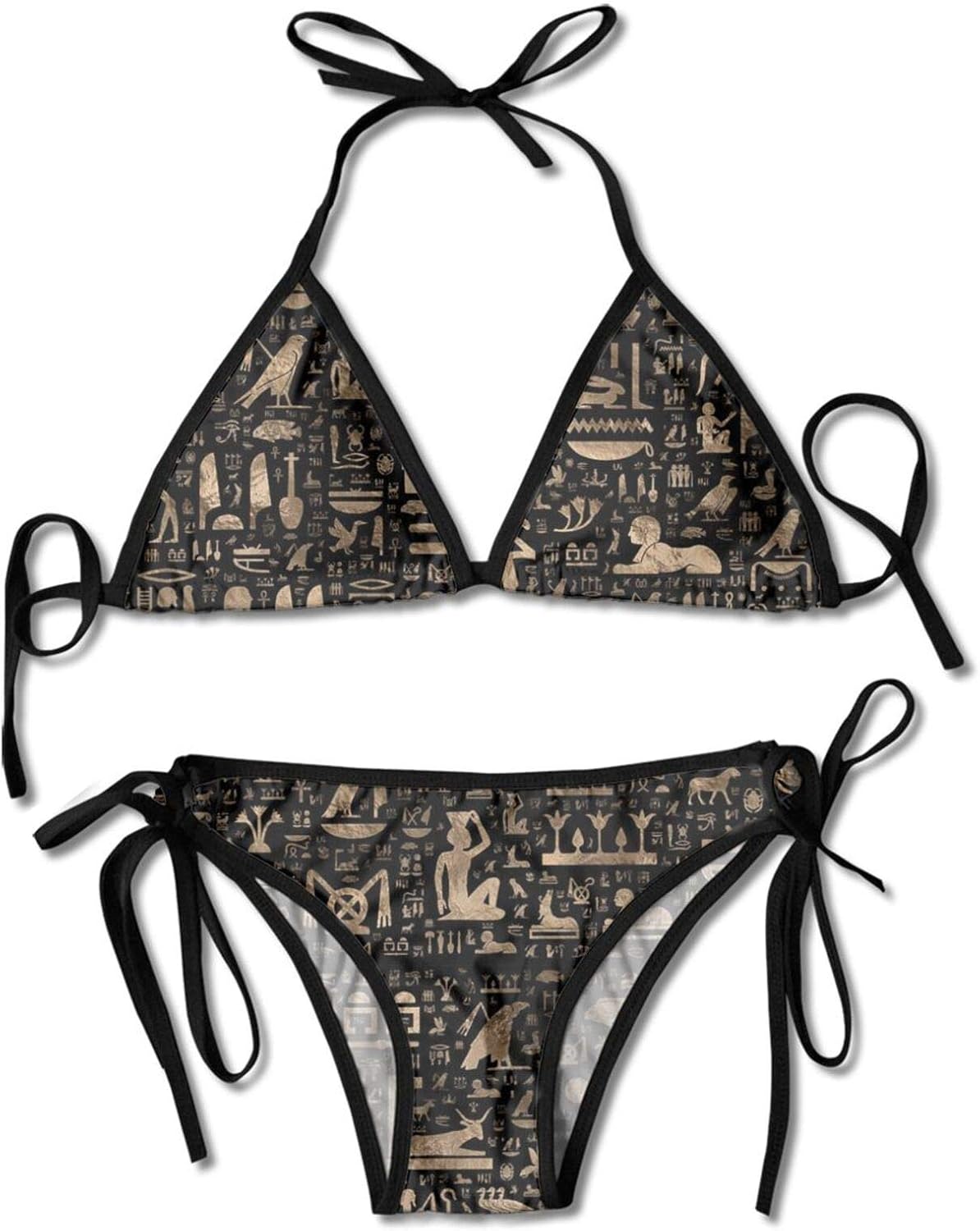Ancient Egyptian Script Ladies Bikini Set High Neck Halter Two Piece
