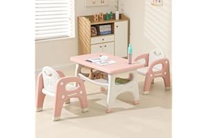 Hulaibit Kids Table and 2 Chairs Set, Toddlers Table and Chairs Set with Large Built-in Storage Shelf, Kids Activity Table for Reading, Drawing, Eating, Playing, with Anti-Slip Foot Covers, Pink