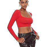 INLYRIC Women's Natrelax Long Sleeve Square Neck Crop Top Sexy Going Out Fitted Bodycon Bandeau Tops T Shirts