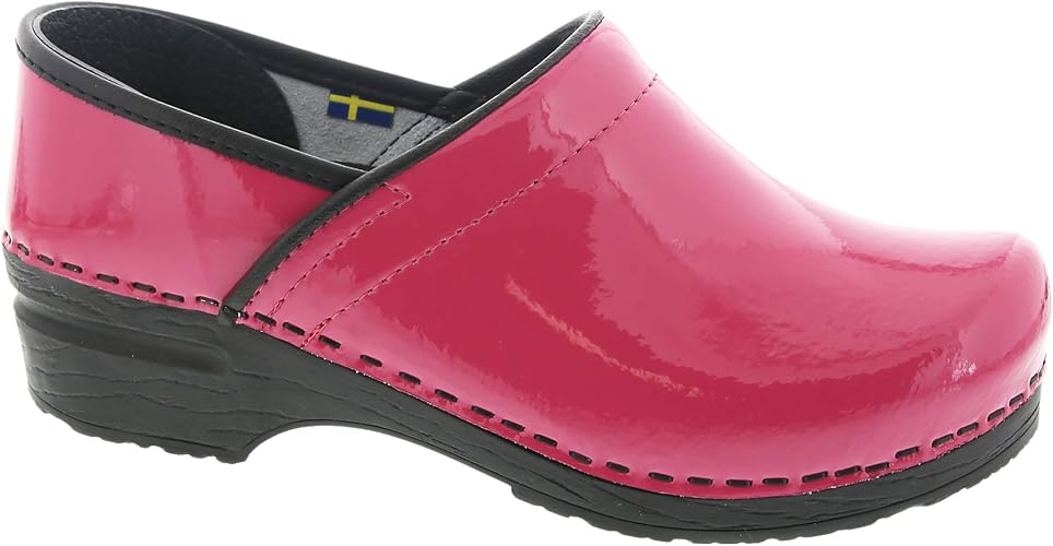 red patent leather clogs
