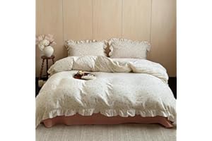 BuLuTu Girls Duvet Cover Full Muslin Duvet Covers for Kids Toddlers Chic Flower Print Comforter Cover Ruffles Bedding Quilt Protector Primrose Pattern, Zipper Closure, 79"x90" (No Filler)