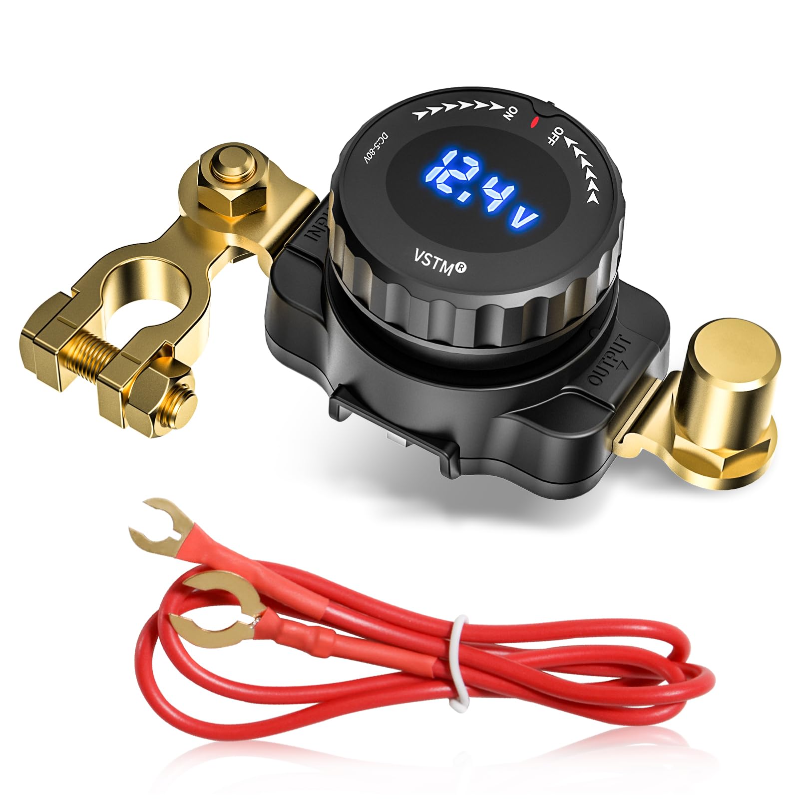 Top Post Battery Disconnect Switch with Voltmeter, 5V-80V Car Battery Disconnect Switch, Negative On/Off Master Isolator Power Cut Shut Off for Car, RV, Boat, Truck, ATV