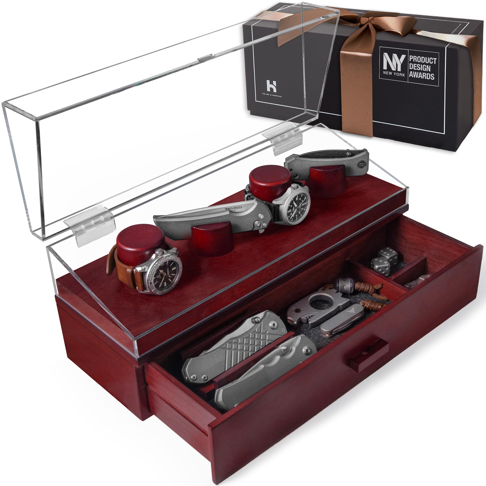 Photo 1 of Watch & Pocket Knife Display Case – Switch Up Your Display with The Modular Pillars – Knife Case for Men with Hinged Acrylic Cover and Felt Lined Drawer  – The Combo Deck – Gift for Men