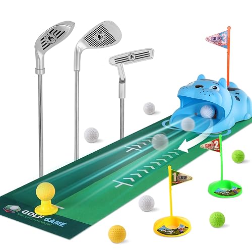 Upgraded Kids Toy Golf Set with Tiger Automatic Golf Returner, 4 Led Glowing Balls, 3 Durable Clubs for 3-7 Toddler Mini Golf Games, Indoor Outdoor Sports Toys for Boys Girls