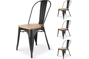 DEKORIOS Metal Dining Chairs with Wooden Seat Set of 4 Indoor/Outdoor Patio Kitchen Metal Chairs 18 Inch Seat Height Restaurant Chair Stackable Chair Tolix Side Bar Chairs