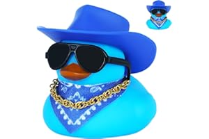 Blue Cowboy Hat Rubber Duck for Car Dashboard Decor - Squeaky Jeep Duck Ornament with Glasses, Gold Chain & Scarf, 1pc DIY St