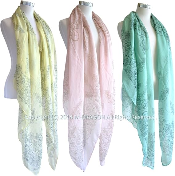 Amazon ストール 大判 180cm 110cm 薄手 タイプ スカーフ ショール 柔らかな ガーゼ 素材 ロング サイズ 気温変化対策 購入特典 オリジナル ネックレス付き エレガント な装い エスニック 柄 イエロー ピンク グリーン イエロー スカーフ 通販