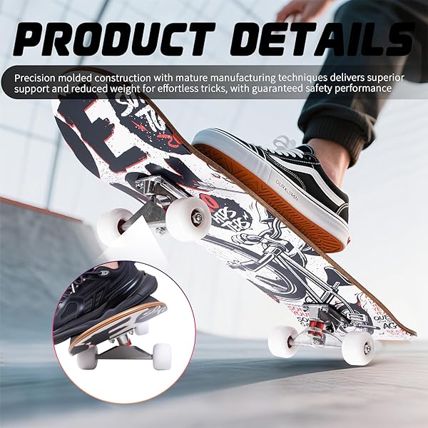 PROFESSIONAL DOUBLE KICK SKATEBOARD, 31 INCH MAPLE DECK, ABEC-9 BEARINGS, 95A PU WHEELS, CUSTOM GRAPHIC DESIGN (BICYCLE, 31IN)