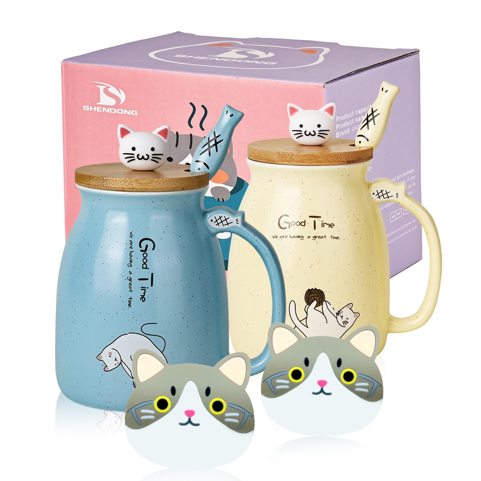 SHENDONG 2 Pack Cat Mugs Cute Ceramic Coffee Cups Set of 2 with Kawaii Bamboo Lid and Spoon Novelty Morning Cup Coffee Milk Tea Mugs - 3D Animal cat Mugs for Cat Lovers Women Gifts(Blue and Yellow)