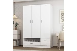ECACAD Large Wardrobe Armoire with 4 Drawers, Open Shoe Storage Compartment & Hanging Rod, Modern Closet Clothes Storage Cabinet with Shelves for Bedroom, White