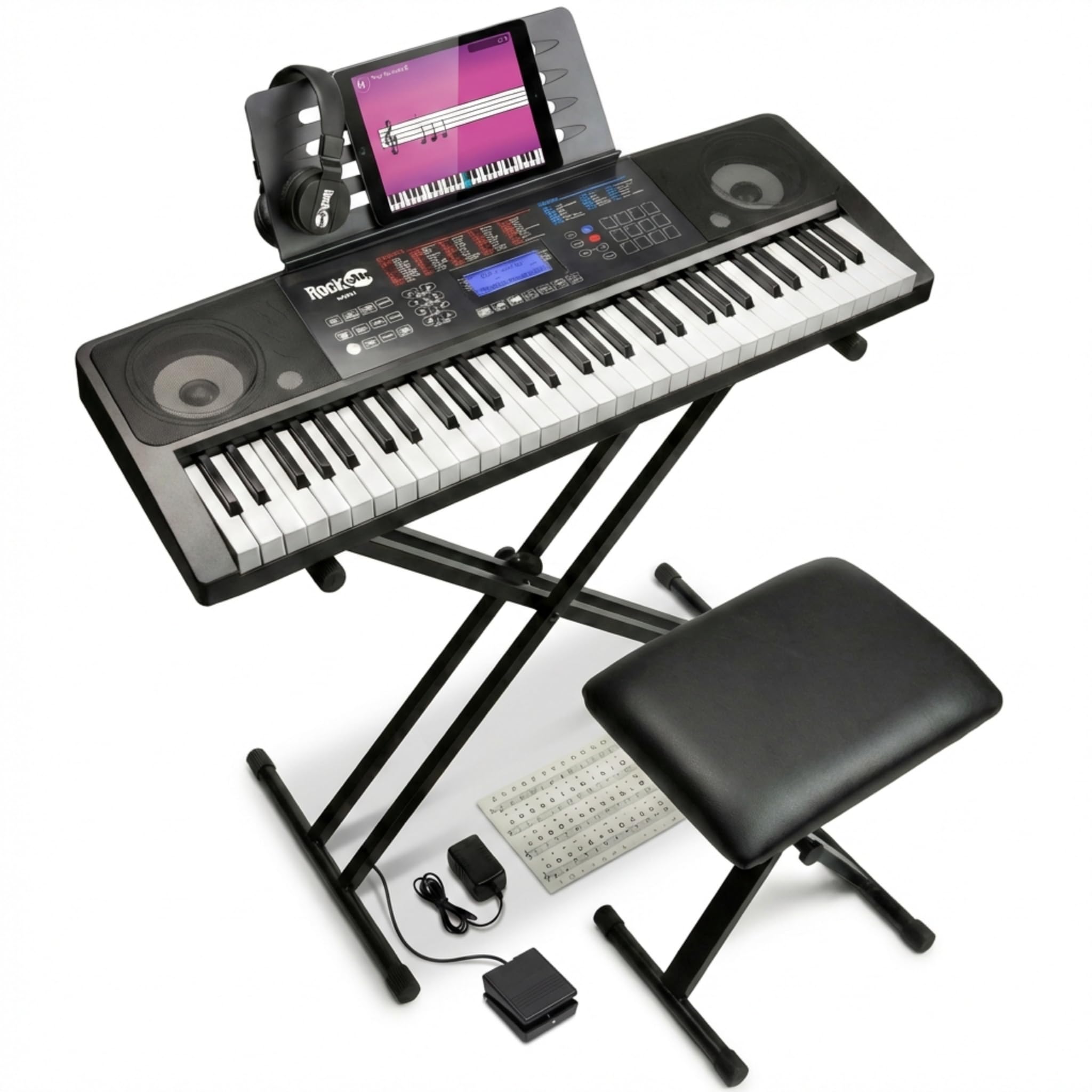 RockJam 61 Key Keyboard Piano Kit with Bench, Stool, Sustain Pedal, Headphones & Lessons