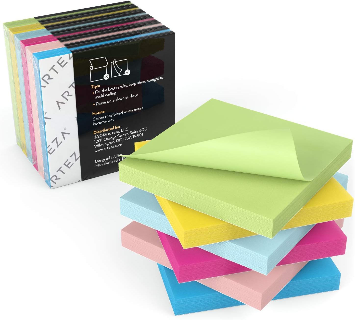 Arteza Sticky Notes, 12 Pads, 100 Sheets Each, 3 x 3 Inches, 6 Assorted Colors, Re-Adhesive, Office Supplies for to-Do Lists, Reminders, and Studying : Office Products