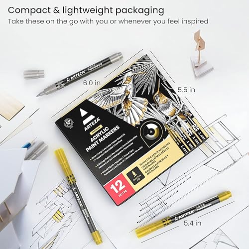 ARTEZA Acrylic Paint Markers, Set of 12 Metallic Marker Pens,