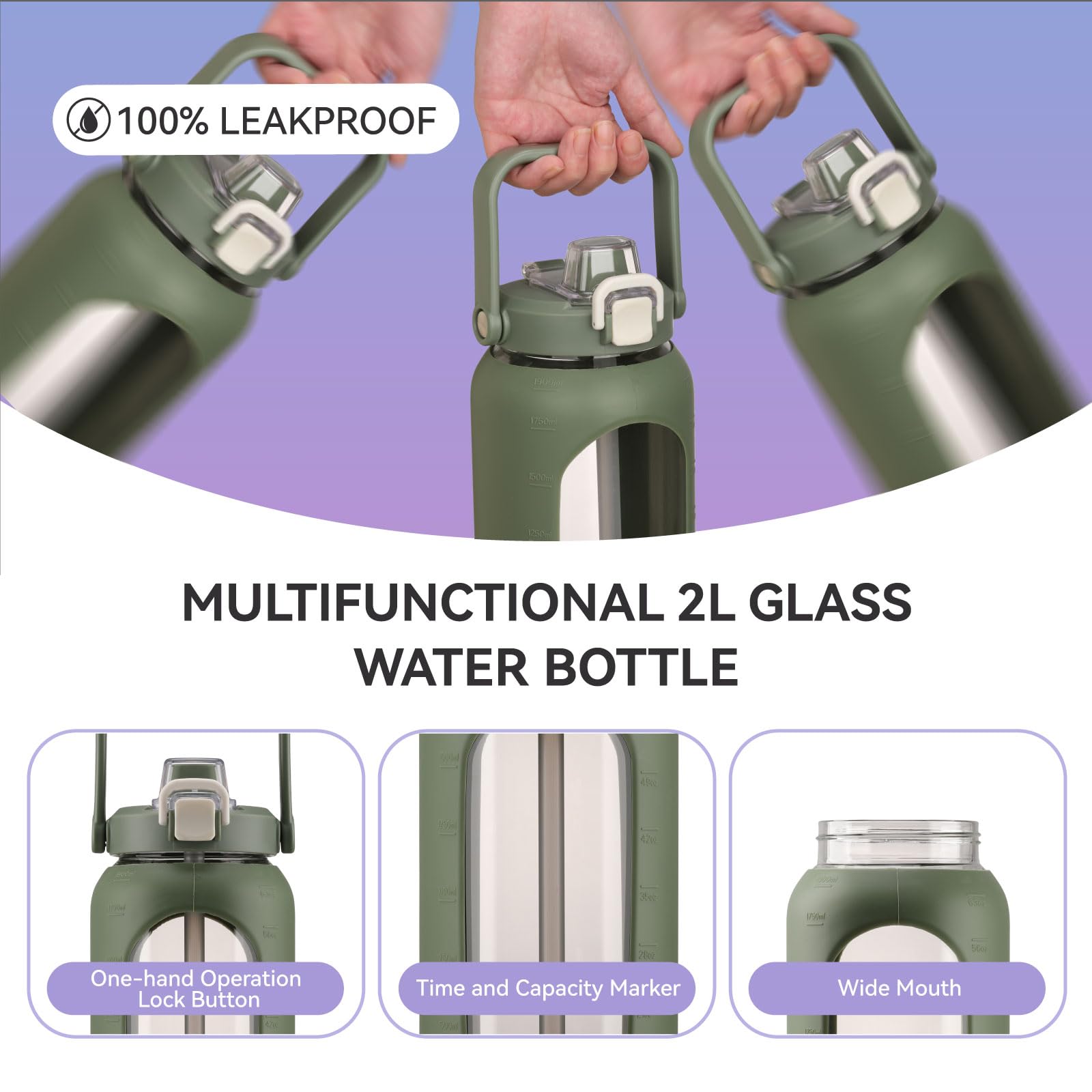 BLUEGO 2L Wasserflasche mit Strohhalm und Griff, Borosilikatglas Trinkflasche mit Silikonhülle für Sport und Reisen, Auslaufsicher, BPA-frei, Olive 3