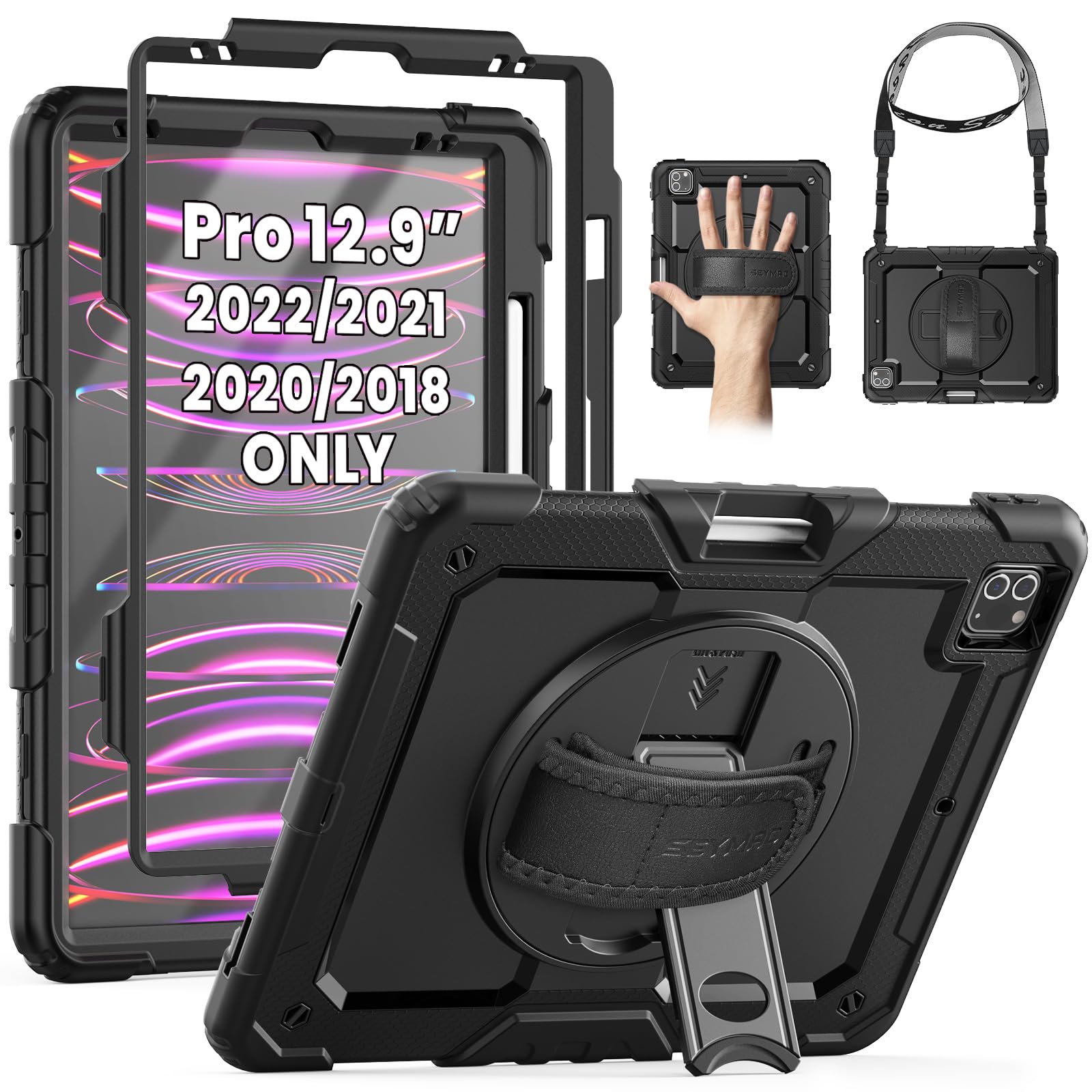 Photo 1 of SEYMAC for iPad Pro 12.9 Case 2022/2021/ 2020/2018, Heavy Duty Protection Shockproof Case with Screen Protector, 360° Rotating Stand/Handle/Shoulder Strap, Supports Pencil 2 Charging, Black