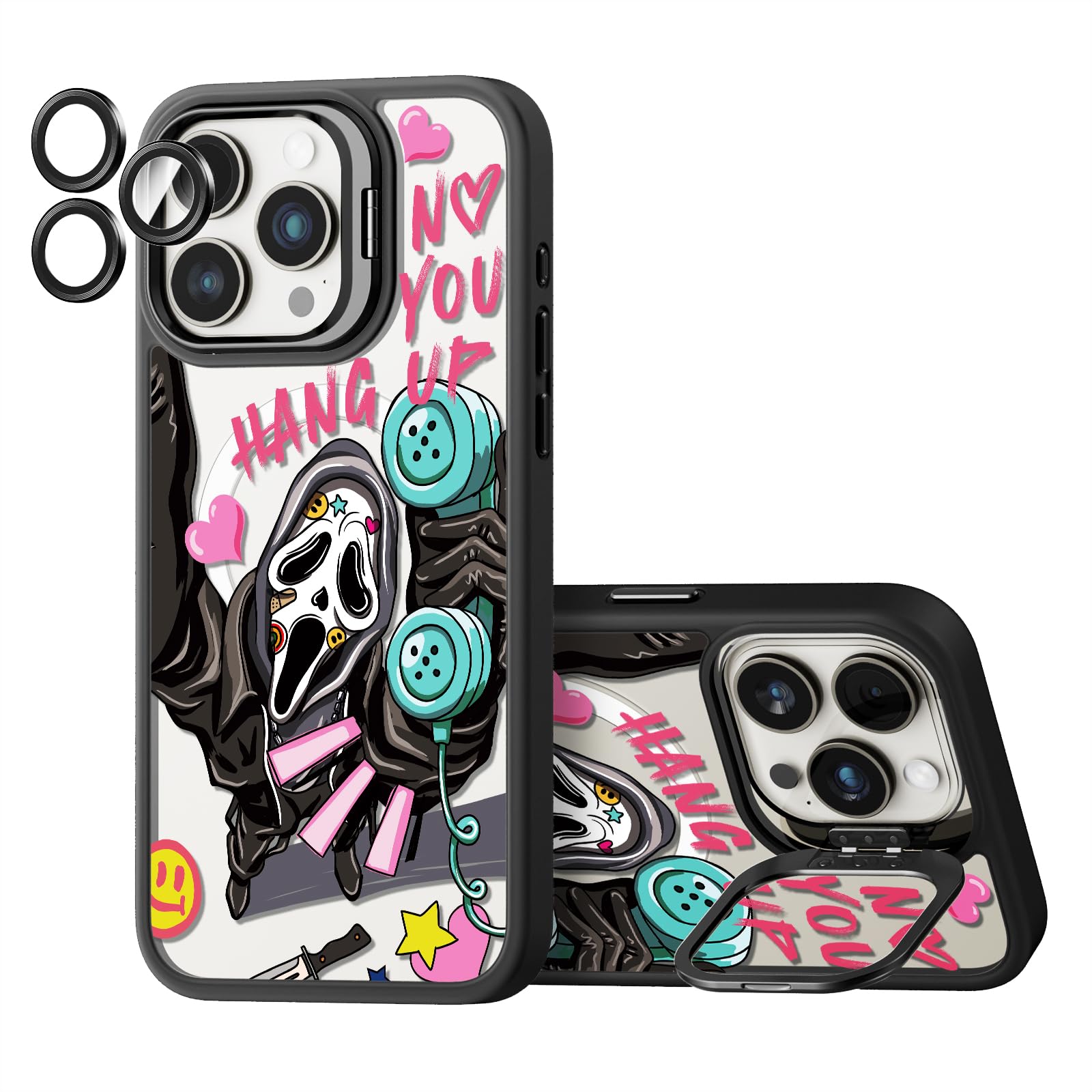 Rosarnnah Magnetic for iPhone 15 Pro Max Magsafe Case with Stand Cute Aesthetic - Durable Fashion Funny Phone Case - Girly Scream Skeleton Skull Cover Design for Woman Girl 6.7" Black